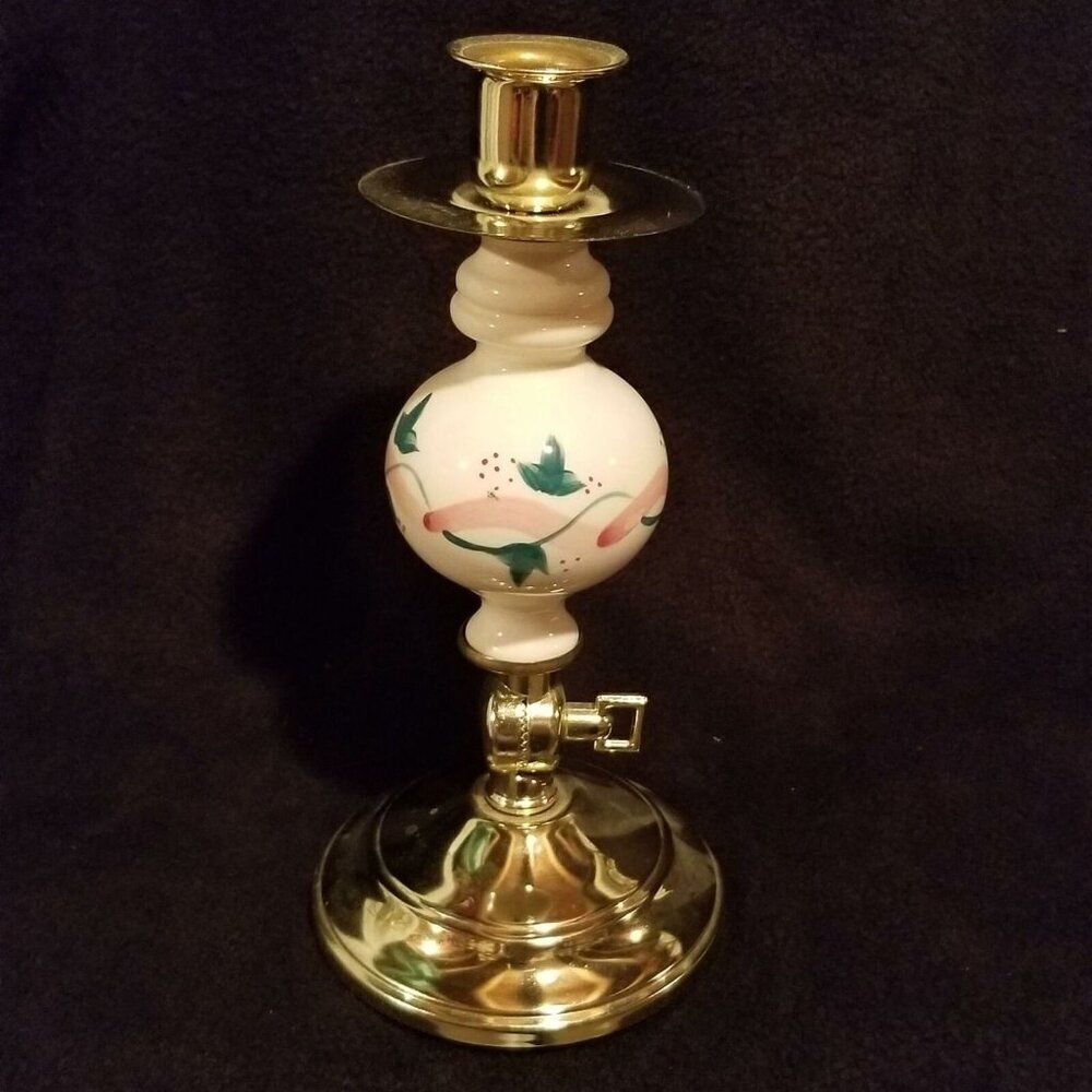 Vintage Homco 1105 Ivy and Ribbon Cream Ceramic Candlestick Brass Sconce 8.5"